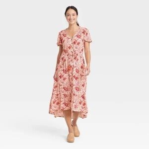 Dress— Brick Red Flowers with Peach Background